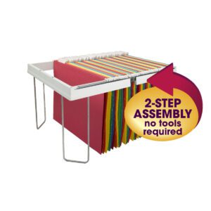 The sleek white Smead Heavy-Duty Adjustable Frame for Hanging Folders (64851) extends from 16 to 24, features sturdy metal legs, and comes with vibrant metal files and colorful hanging folders. The label says, 2-STEP ASSEMBLY, no tools required.