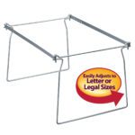 The Smead Steel Hanging File Folder Frame, available in gray and adjustable for letter or legal sizes, features a graphic with an arrow and the text Easily Adjusts to Letter or Legal Sizes. It comes in a pack of two (64870).