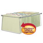 A set of pale green hanging file folders with tabs in a sturdy Smead steel frame features a red and yellow sticker stating, Easily Adjusts to Letter or Legal Sizes, pointing to the folders. Product: Smead Steel Hanging File Folder Frames, Legal Size (64873).
