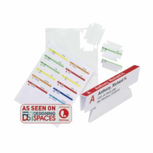 A set of folded name tent cards with colorful text lines showcases contact info and address, complemented by Smead® Viewables® Quick-Fold Hanging Folder Tabs and Labels for Inkjet and Laser Printers, pack of 45 (64912). A sticker reads As Seen On Designing Spaces with a Lifetime logo.
