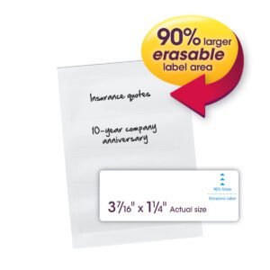 The image shows a sheet with headings: Insurance quotes and 10-year company anniversary. Smead Erasable SuperTab File Folder Labels, White (64917), offer a 90% larger erasable area than standard labels. Each pack contains 160 labels, ideal for organized archiving.