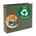 Introducing the Smead 100% Recycled Hanging Box Bottom File Folder, ideal for eco-friendly organization with a 100% Recycled Stock emblem. It features a red-yellow highlighted 2 expansion and an expandable base. Available in boxes of 25 (65090).