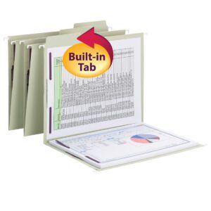 The Smead FasTab? Hanging Fastener Folder, model 65120, features four letter-sized moss folders with 1/3-cut built-in tabs. One folder is open showing a document. An arrow highlights the tabs with Built-in Tab text; 18 folders come in a box.