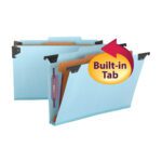 Two Smead FasTab blue legal-size hanging file folders with SafeSHIELD fasteners and black hooks are shown. Each features a 2/5-cut built-in tab for easy labeling. One is in front, partially blocking the second, with a yellow circle highlighting the tab feature. Sold 10 per box (65155).