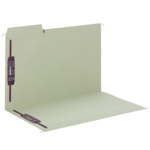 The Smead FasTab Hanging Fastener Folder in legal size and moss color features a 1/3-cut built-in tab, brown tab on the left for labeling, metal rods for cabinet suspension, and two SafeSHIELD fasteners. Its open and ready to efficiently organize your documents.
