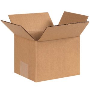 An empty MH-USA 6 x 5 x 4 corrugated box, flaps open, stands against a white backdrop.