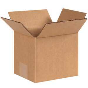 An MH-USA 6 x 5 x 5 corrugated box, part of a 25/Bundle set, is open with flaps spread outward on a plain white background.