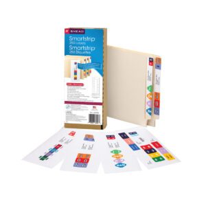 The Smead Smartstrip Labels Refill Pack includes an open box with 250 vibrant end tab labels, ideal for ink-jet printers (66006), and features file folders with colorful numerical tabs and vivid label sheets.