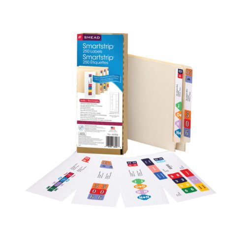 The Smead Smartstrip Labels Refill Pack includes an open box with 250 vibrant end tab labels, ideal for ink-jet printers (66006), and features file folders with colorful numerical tabs and vivid label sheets.