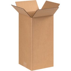 A tall MH-USA 6 x 6 x 14 corrugated box stands upright, flaps unfolded, against a white background. Featuring a sturdy brown texture, this box comes in a convenient bundle of 25.
