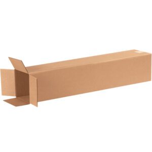 A long, rectangular brown box labeled MH-USA 6 x 6 x 29 Tall Corrugated Boxes (25/Bundle) is open on one end, showing its corrugated interior against a white background.