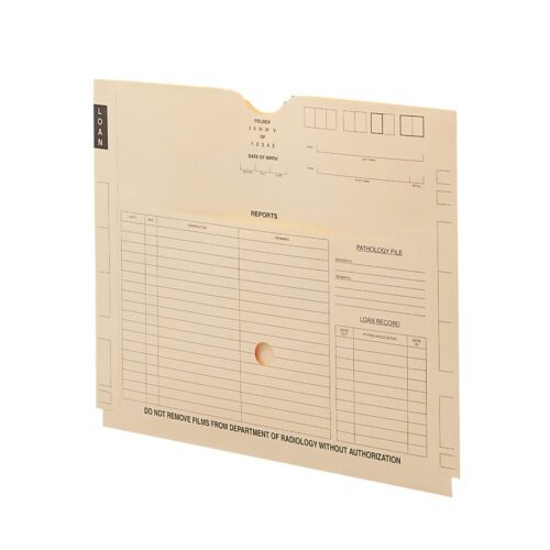 The Smead End Tab X-Ray Jacket with Pocket (18-1/4 W x 14-1/2 H, Manila) features a straight-cut tab labeled Loan, printed sections for reports/pathology files, a warning against unauthorized film removal, and a punched hole for easy filing; comes in a box of 100.