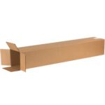 A long, open MH-USA 6 x 6 x 38 tall corrugated box with one end flap folded outward rests on a white background, highlighting the quality and durability of the MH-USA boxes sold in bundles of 25.