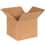 A MH-USA 6 x 6 x 5 corrugated box, with its flaps folded outward, sits open on a plain white backdrop. Angled slightly to the viewers left, its ready for packing and shipping as part of a convenient bundle of 25 boxes.