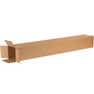 A long, rectangular brown MH-USA 6 x 6 x 50 Tall Corrugated Box lies with partially open flaps against a white background.