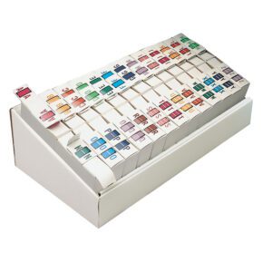 A set of multi-colored alphabetical file dividers organized in a white box, each tab featuring a bold letter from A-Z, similar to the Smead BCCR Bar-Style Color-Coded Alphabetic Label (67070) roll with assorted colors for easy organization.