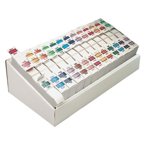 A set of multi-colored alphabetical file dividers organized in a white box, each tab featuring a bold letter from A-Z, similar to the Smead BCCR Bar-Style Color-Coded Alphabetic Label (67070) roll with assorted colors for easy organization.