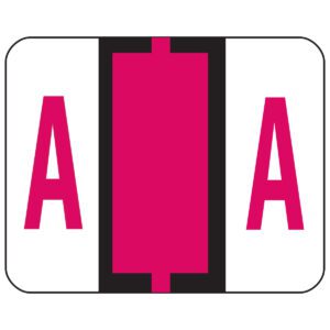 The Smead BCCR Bar-Style Color-Coded Alphabetic Label Roll features a central magenta rectangle with vertical black bars resembling the letter A on either side, set against a white background with rounded corners and subtle red hints for added flair.