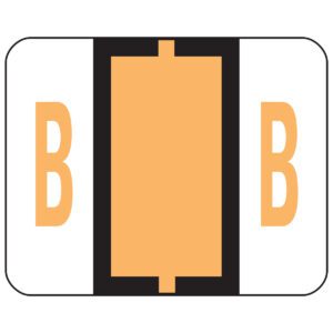 A white and black rectangular icon with orange features shows two Bs inside white sections, featuring a central orange rectangle between black bars, resembling the Smead BCCR Light Orange Alphabetic Label Roll with 500 labels (67072).