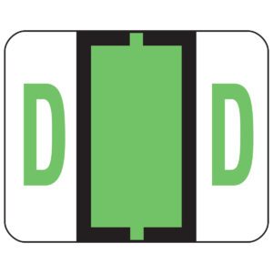 A rectangular sign mirrors the Smead BCCR Bar-Style Color-Coded Alphabetic Label (model 67074) with light green rectangles and black borders, featuring D on a white background for a sleek organizational touch.