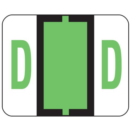 A rectangular sign mirrors the Smead BCCR Bar-Style Color-Coded Alphabetic Label (model 67074) with light green rectangles and black borders, featuring D on a white background for a sleek organizational touch.