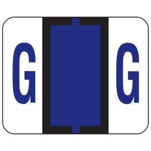 A Smead BCCR Bar-Style Color-Coded Alphabetic Label, G, with a white background features large blue Gs separated by a striking black bar and blue rectangle. This design is as eye-catching as 500 labels per roll (67077), adding creative flair like a hint of violet.