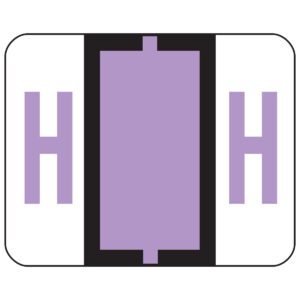 The Smead BCCR Bar-Style Color-Coded Alphabetic Label features two large lavender H letters on a white background with a central purple rectangle and black borders, perfect for enhancing your 500-label roll packaging or label designs.