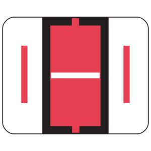 The Smead BCCR Bar-Style Color-Coded Alphabetic Label (67079) features a minimalistic design with a bold red vertical stripe centered on a rectangular shape, bordered by black. Each side has white sections with thinner red lines for symmetry, perfect for label rolls of 500 labels.