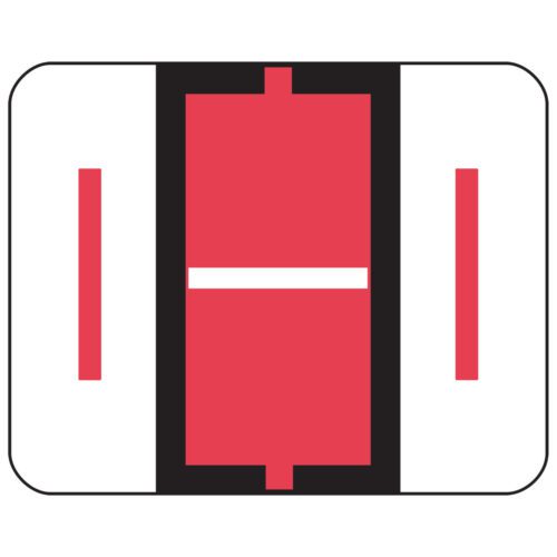 The Smead BCCR Bar-Style Color-Coded Alphabetic Label (67079) features a minimalistic design with a bold red vertical stripe centered on a rectangular shape, bordered by black. Each side has white sections with thinner red lines for symmetry, perfect for label rolls of 500 labels.