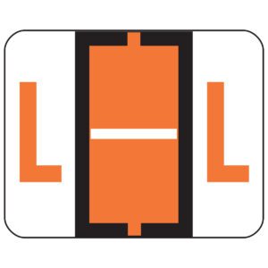 The Smead BCCR Bar-Style Color-Coded Alphabetic Label (67082) features a central vertical dark orange rectangle with black borders and a white horizontal line in an L shape, flanked by two similar orange L shapes on a pristine white background. Each roll contains 500 labels.