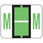 A rectangular graphic with a black border shows three sections: the left and right are white with green M letters, mimicking the Smead BCCR Bar-Style Color-Coded Alphabetic Label (67083). The center is green with a white line and black side borders.