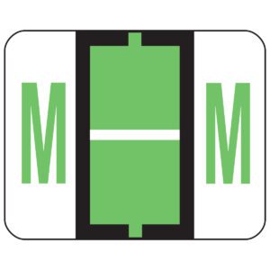 A rectangular graphic with a black border shows three sections: the left and right are white with green M letters, mimicking the Smead BCCR Bar-Style Color-Coded Alphabetic Label (67083). The center is green with a white line and black side borders.