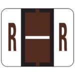 A brown, rectangular railroad symbol with a white line and R on both sides resembles a Smead BCCR Bar-Style Color-Coded Alphabetic Label (67088), creating a striking contrast against a white background with black borders.