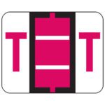 A logo features a bold magenta T on both sides with a magenta vertical center, similar to Smead BCCR Bar-Style Color-Coded Alphabetic Label, separated by white lines on a pristine background bordered in black.