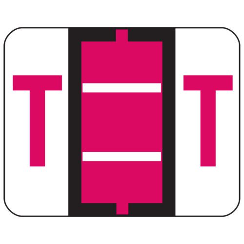 A logo features a bold magenta T on both sides with a magenta vertical center, similar to Smead BCCR Bar-Style Color-Coded Alphabetic Label, separated by white lines on a pristine background bordered in black.