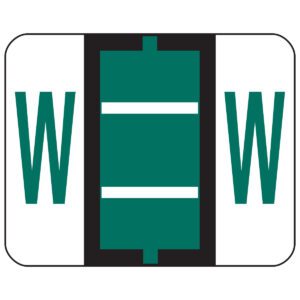 The Smead BCCR Bar-Style Color-Coded Alphabetic Label, W, features a white square with a thick black vertical bar and teal W between two teal horizontal lines. Its precise design mimics label roll accuracy in dark green calmness, ideal for detail-oriented designs.