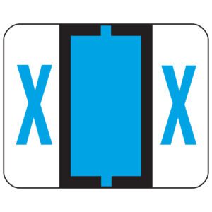 The Smead BCCR Bar-Style Color-Coded Alphabetic Label (67094) features a blue vertical rectangle with bold black lines and a blue X on each side, printed on a white background with rounded corners. Its available in rolls of 500 labels for seamless application.