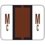 A design features a vertical brown rectangle with MC in white on each side, similar to the Smead BCCR Bar-Style Color-Coded Alphabetic Label, Mc. Its framed by a thin black outline and relates to the Label Roll (67097).