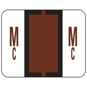 A design features a vertical brown rectangle with MC in white on each side, similar to the Smead BCCR Bar-Style Color-Coded Alphabetic Label, Mc. Its framed by a thin black outline and relates to the Label Roll (67097).
