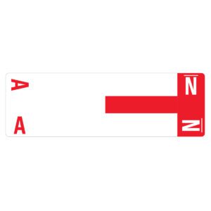 The Smead AlphaZ NCC Color-Coded Label features a rectangular white sign with a vertical red A and a horizontal red bar pointing to an A&N block with a white N. Ideal for organization, these label sheets come in packs of 100 (67152).