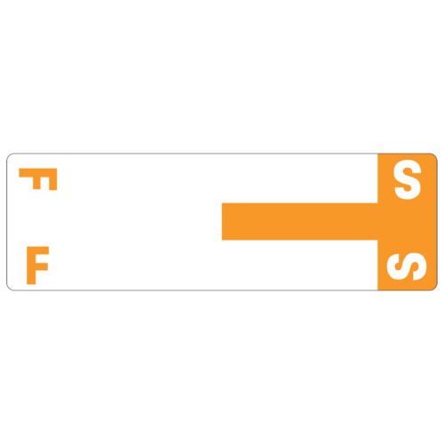 The Smead AlphaZ? NCC Color-Coded Label (67157) features a rectangular sheet design with a white background and an orange cross. Styled F and S letters appear on the left and right. This 100-label pack is both functional and eye-catching.