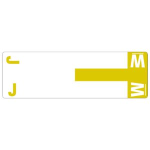 The Smead AlphaZ NCC Color-Coded Label sheet features a white label with a large yellow T, a vertical yellow block with a white M on the top right, and J&W style yellow letters C and J on the left, slightly rotated.
