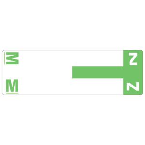 The Smead AlphaZ? NCC Color-Coded Label (67164) features a white rectangular sheet with light green M and Z symbols, connected by a T-shaped design, in a pack of 100.