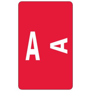 A vibrant red card features a large white A and a smaller rotated A in the corner, echoing the lively colors of the Smead AlphaZ ACCS Color-Coded Alphabetic Label, A, Label Sheet, Red (67171).