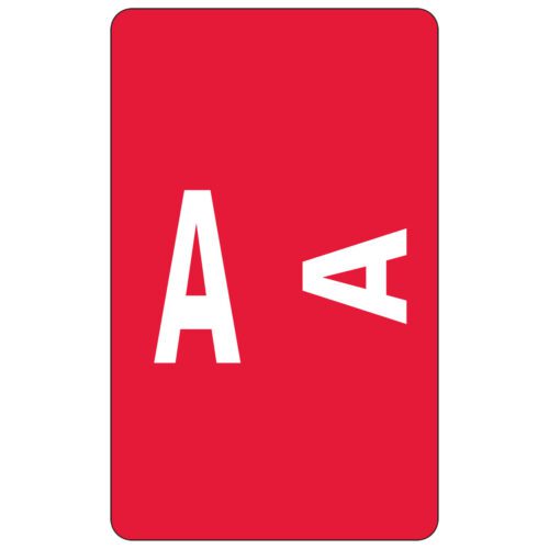 A vibrant red card features a large white A and a smaller rotated A in the corner, echoing the lively colors of the Smead AlphaZ ACCS Color-Coded Alphabetic Label, A, Label Sheet, Red (67171).
