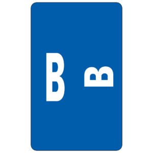 A Smead AlphaZ ACCS color-coded alphabetic label features a dark blue rectangular card with a large white uppercase B on the left and a smaller lowercase b on the right.
