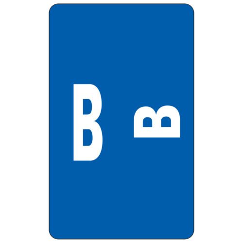 A Smead AlphaZ ACCS color-coded alphabetic label features a dark blue rectangular card with a large white uppercase B on the left and a smaller lowercase b on the right.