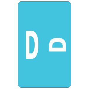 A Smead AlphaZ ACCS color-coded alphabetic label in light blue displays a white uppercase D on the left and lowercase d on the right, with 100 labels per pack for organization.