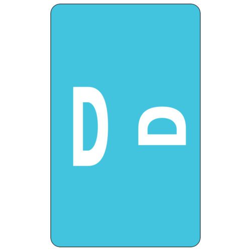 A Smead AlphaZ ACCS color-coded alphabetic label in light blue displays a white uppercase D on the left and lowercase d on the right, with 100 labels per pack for organization.