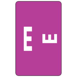 The Smead AlphaZ ACCS Color-Coded Alphabetic Label (67175) features a pink card with rounded corners, displaying a large white E on the left and an inverted smaller E on the right, accented by purple. Each pack contains 100 labels.